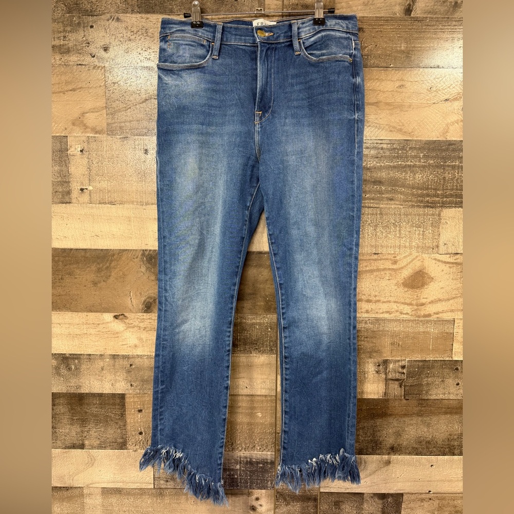 FRAME Le High Straight Jeans Size 31 Frayed Fringe Hem Lambeth Lane LHSTSR396